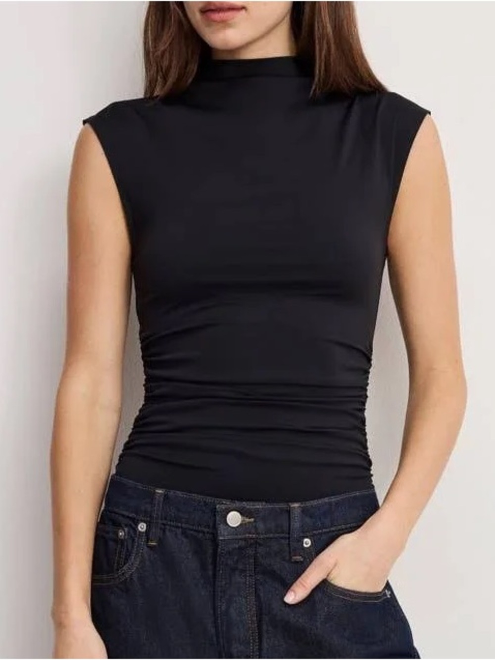 Good American Black Soft Weightless Mock High Neck Ruched Thong Snap Bodysuit XS - Picture 12 of 13